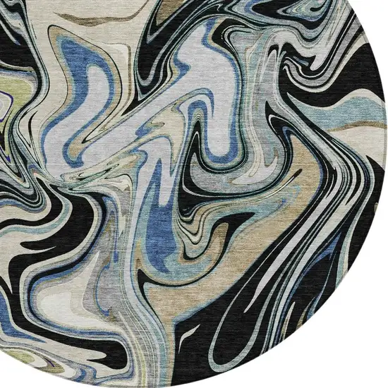 8' Black Blue And Beige Round Abstract Washable Indoor Outdoor Area Rug Photo 2