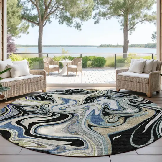 8' Black Blue And Beige Round Abstract Washable Indoor Outdoor Area Rug Photo 4