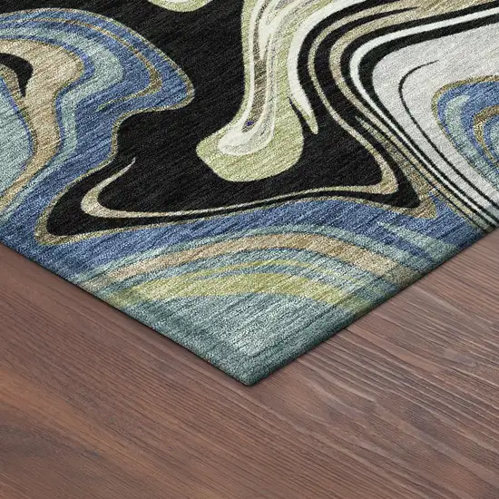 8' Black Blue And Beige Round Abstract Washable Indoor Outdoor Area Rug Photo 8