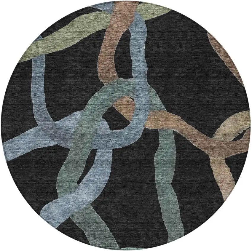 8' Black Blue And Copper Round Abstract Washable Indoor Outdoor Area Rug Photo 3