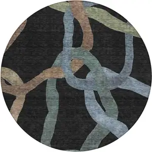 Photo of 8' Black Blue And Copper Round Abstract Washable Indoor Outdoor Area Rug