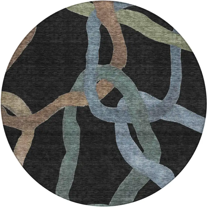 8' Black Blue And Copper Round Abstract Washable Indoor Outdoor Area Rug Photo 1