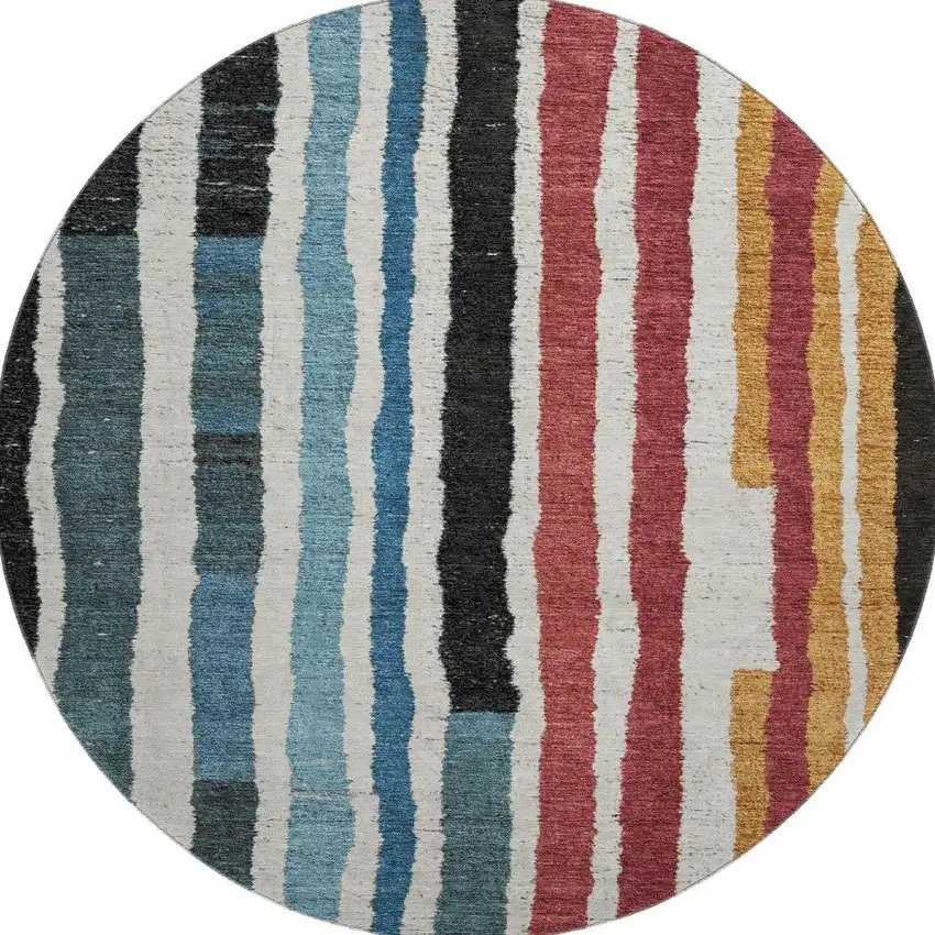 8' Black Blue And Copper Striped Washable Round Rug With UV Protection Photo 4