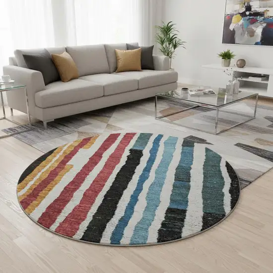 8' Black Blue And Copper Striped Washable Round Rug With UV Protection Photo 2