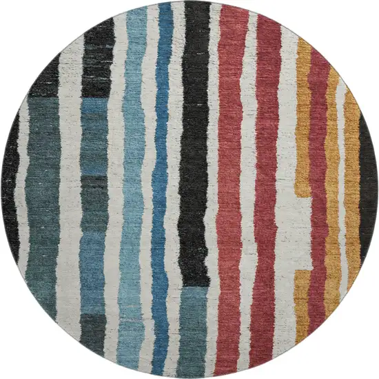 8' Black Blue And Copper Striped Washable Round Rug With UV Protection Photo 1