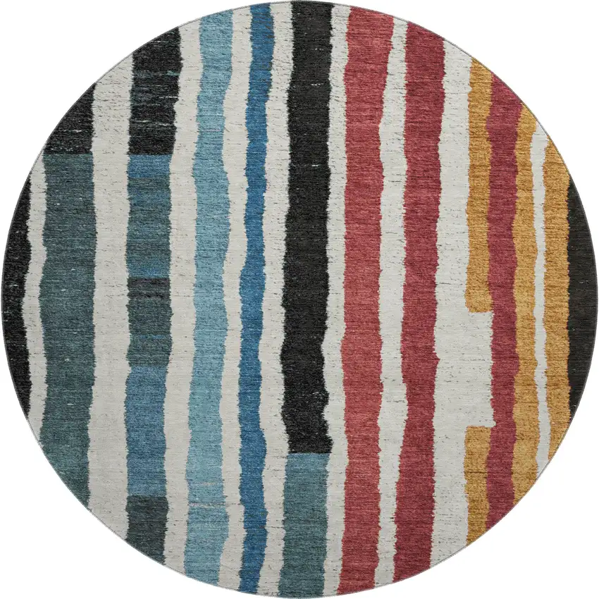 8' Black Blue And Copper Striped Washable Round Rug With UV Protection Photo 1