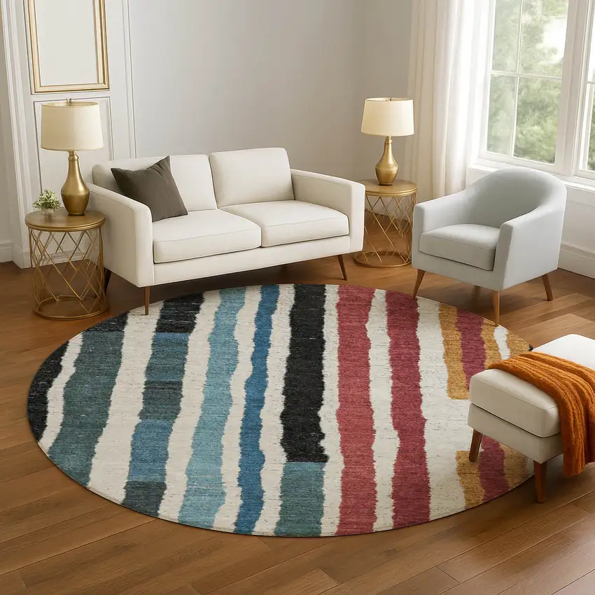 8' Black Blue And Copper Striped Washable Round Rug With UV Protection Photo 5
