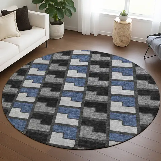 8' Black Blue And Gray Round Geometric Washable Indoor Outdoor Area Rug Photo 5