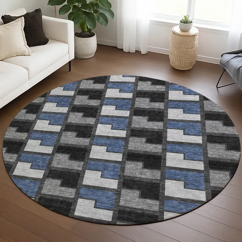 8' Black Blue And Gray Round Geometric Washable Indoor Outdoor Area Rug Photo 5
