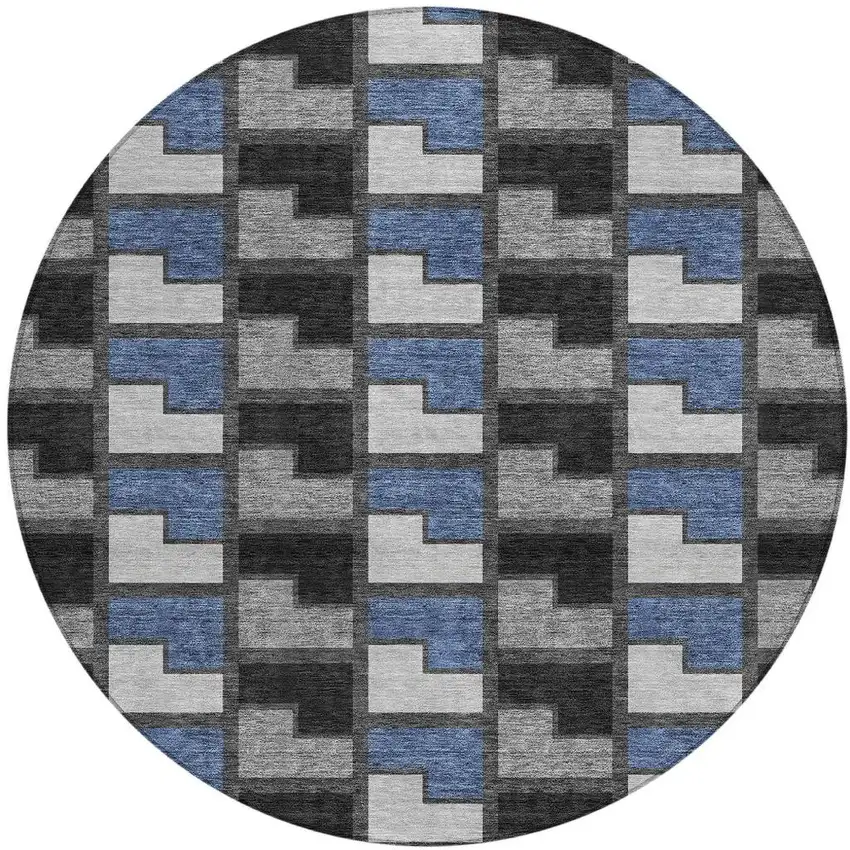 8' Black Blue And Gray Round Geometric Washable Indoor Outdoor Area Rug Photo 3