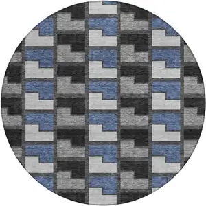 Photo of 8' Black Blue And Gray Round Geometric Washable Indoor Outdoor Area Rug
