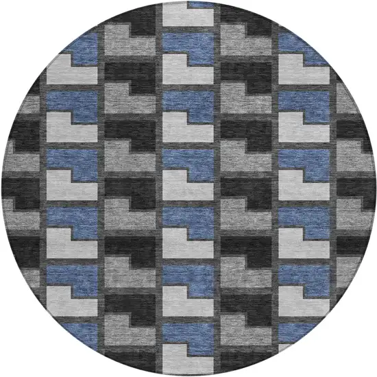 8' Black Blue And Gray Round Geometric Washable Indoor Outdoor Area Rug Photo 1