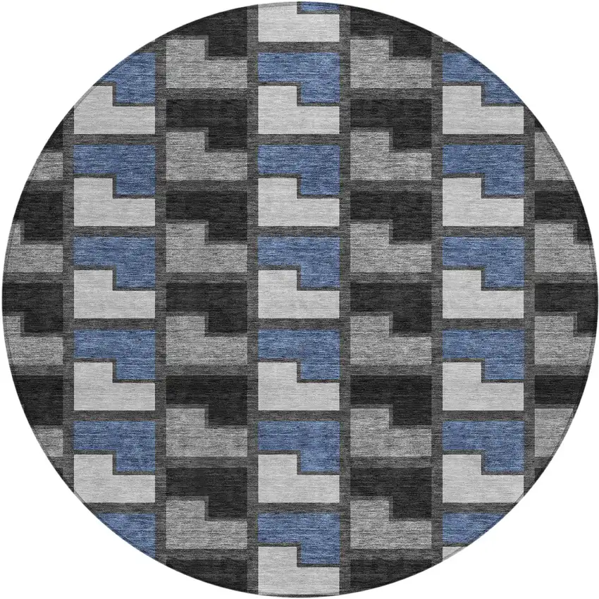 8' Black Blue And Gray Round Geometric Washable Indoor Outdoor Area Rug Photo 1
