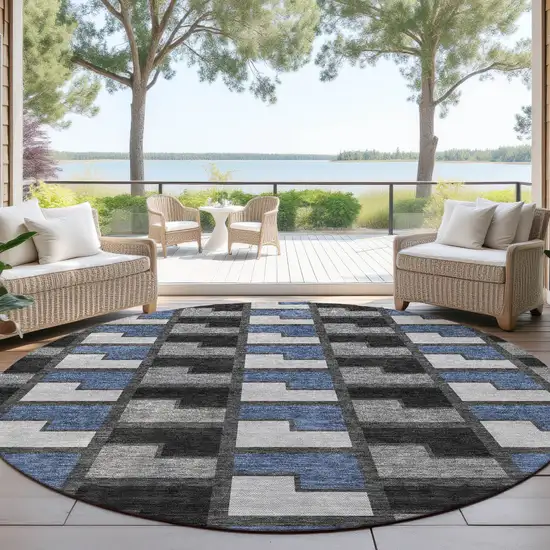 8' Black Blue And Gray Round Geometric Washable Indoor Outdoor Area Rug Photo 4