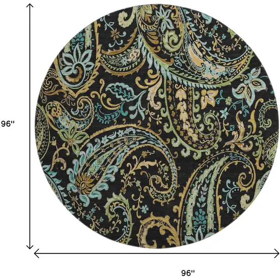 8' Black Blue And Green Paisley Washable Round Rug With UV Protection Photo 8
