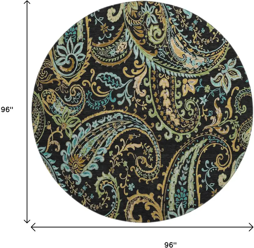 8' Black Blue And Green Paisley Washable Round Rug With UV Protection Photo 8