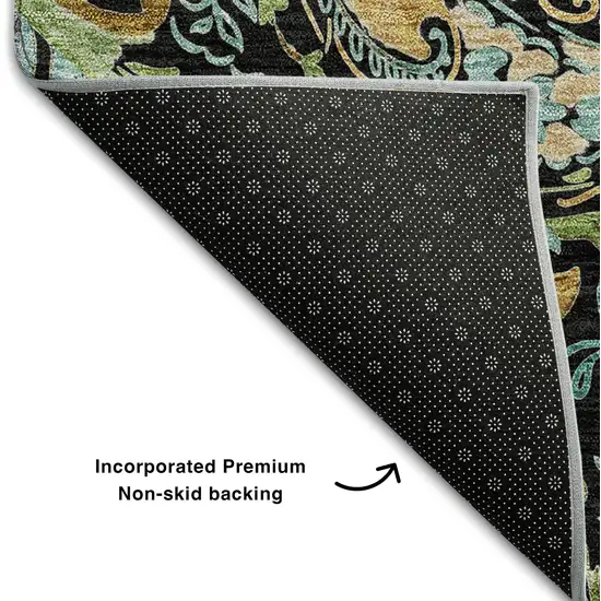 8' Black Blue And Green Paisley Washable Round Rug With UV Protection Photo 6