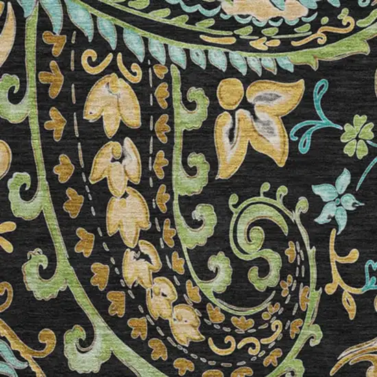 8' Black Blue And Green Paisley Washable Round Rug With UV Protection Photo 4