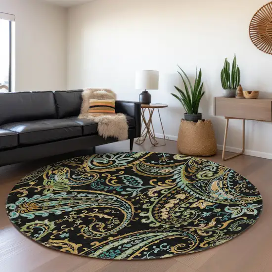 8' Black Blue And Green Paisley Washable Round Rug With UV Protection Photo 5
