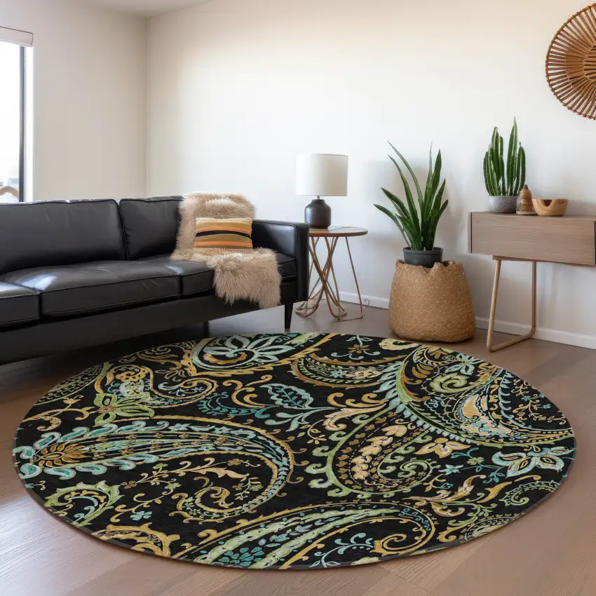 8' Black Blue And Green Paisley Washable Round Rug With UV Protection Photo 5