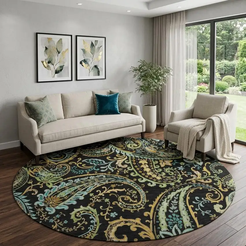 8' Black Blue And Green Paisley Washable Round Rug With UV Protection Photo 1