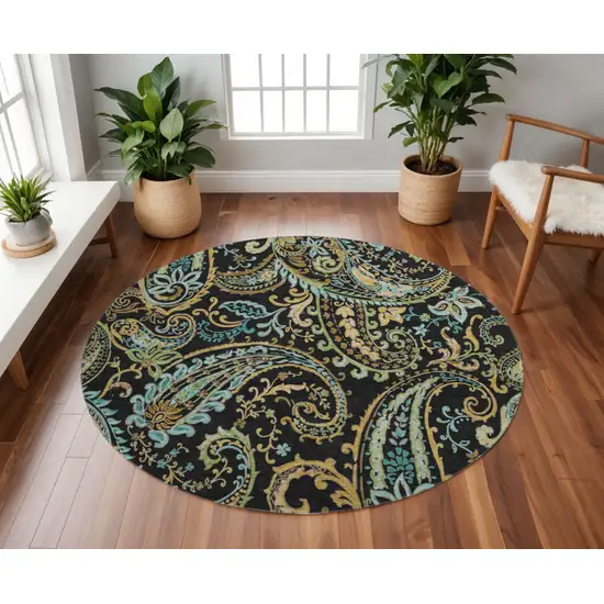 8' Black Blue And Green Paisley Washable Round Rug With UV Protection Photo 2