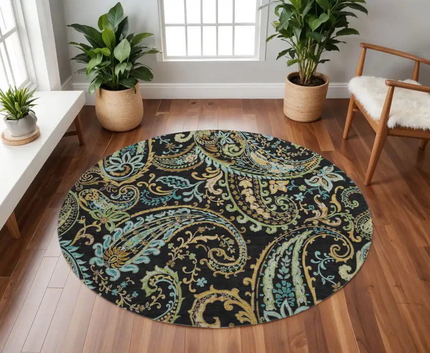 8' Black Blue And Green Paisley Washable Round Rug With UV Protection Photo 2
