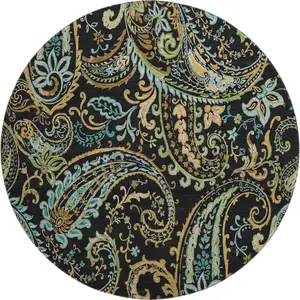 Photo of 8' Black Blue And Green Paisley Washable Round Rug With UV Protection