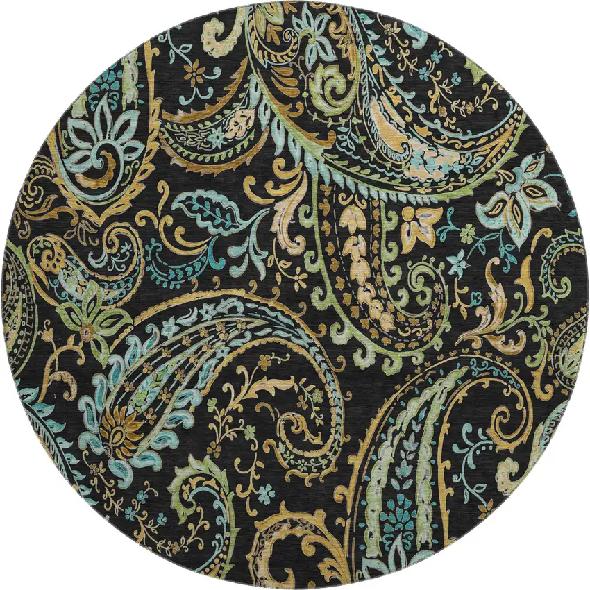 8' Black Blue And Green Paisley Washable Round Rug With UV Protection Photo 1