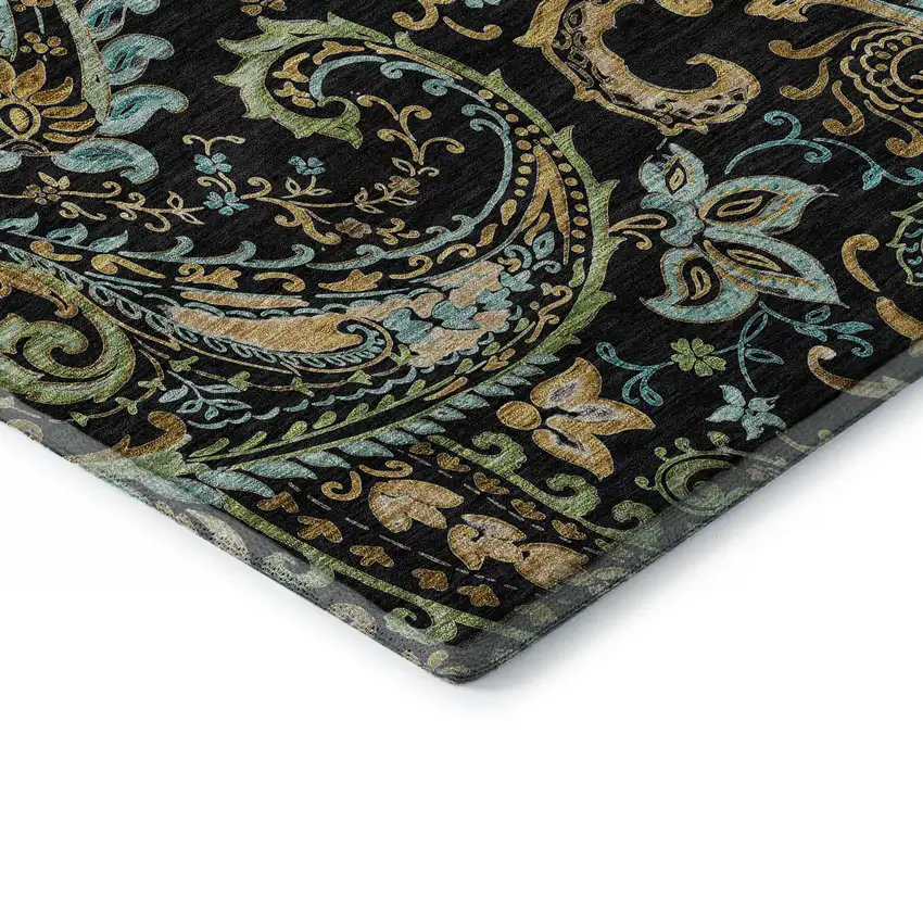 8' Black Blue And Green Paisley Washable Round Rug With UV Protection Photo 7