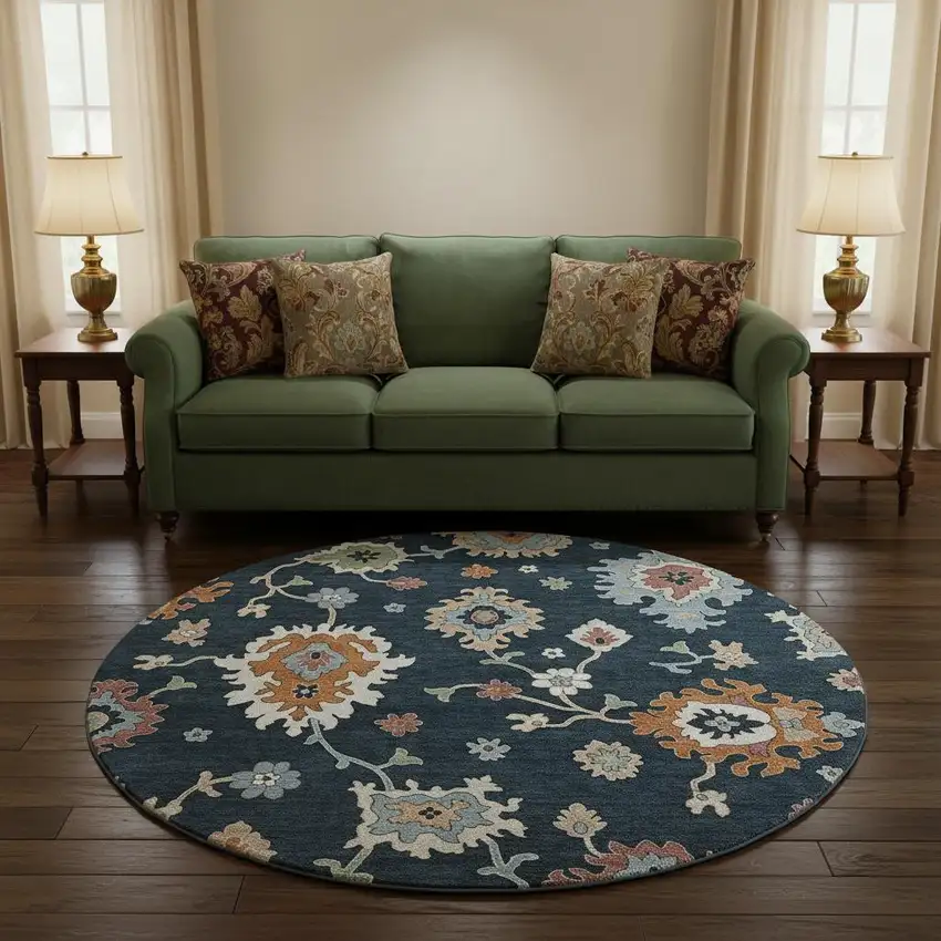 8' Black Blue And Ivory Floral Medallion Washable Round Rug With UV Protection Photo 1