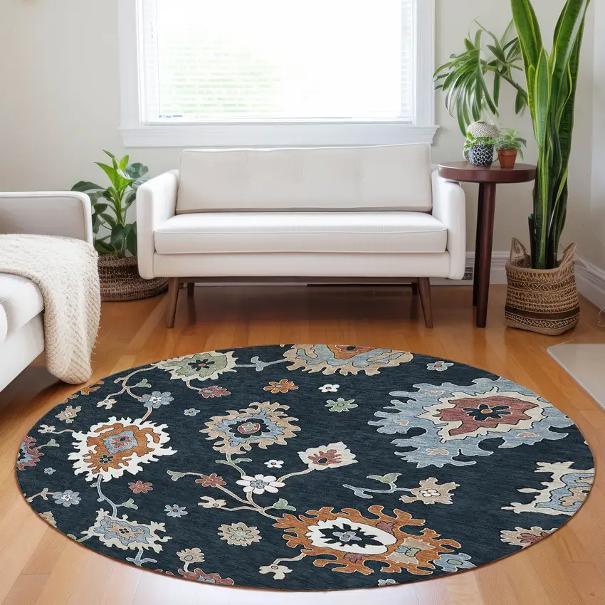8' Black Blue And Ivory Floral Medallion Washable Round Rug With UV Protection Photo 3