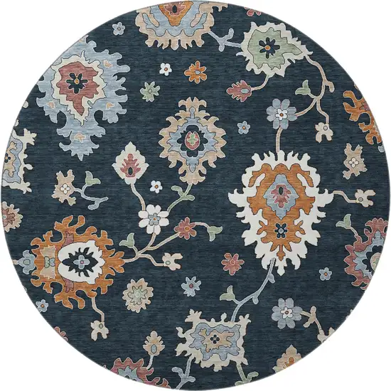 8' Black Blue And Ivory Floral Medallion Washable Round Rug With UV Protection Photo 2