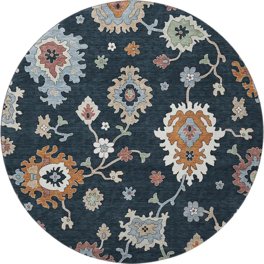 8' Black Blue And Ivory Floral Medallion Washable Round Rug With UV Protection Photo 2