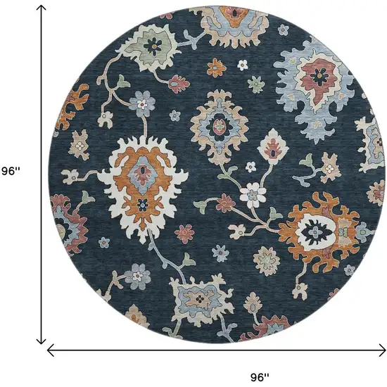 8' Black Blue And Ivory Floral Medallion Washable Round Rug With UV Protection Photo 8