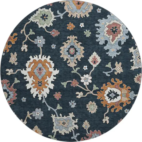 8' Black Blue And Ivory Floral Medallion Washable Round Rug With UV Protection Photo 1
