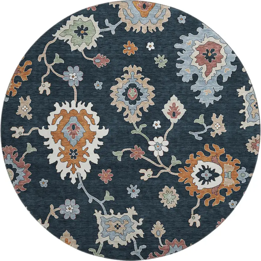 8' Black Blue And Ivory Floral Medallion Washable Round Rug With UV Protection Photo 1