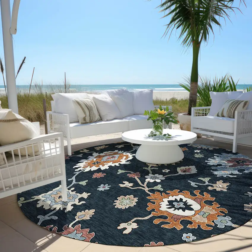 8' Black Blue And Ivory Round Floral Washable Indoor Outdoor Area Rug Photo 7