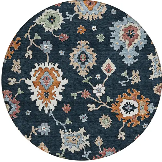 8' Black Blue And Ivory Round Floral Washable Indoor Outdoor Area Rug Photo 6