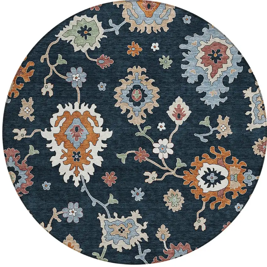 8' Black Blue And Ivory Round Floral Washable Indoor Outdoor Area Rug Photo 6