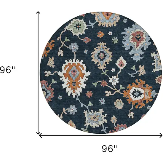 8' Black Blue And Ivory Round Floral Washable Indoor Outdoor Area Rug Photo 9