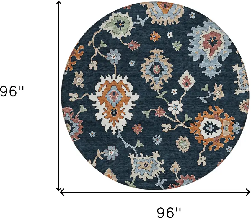 8' Black Blue And Ivory Round Floral Washable Indoor Outdoor Area Rug Photo 9