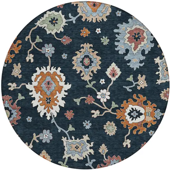 8' Black Blue And Ivory Round Floral Washable Indoor Outdoor Area Rug Photo 2