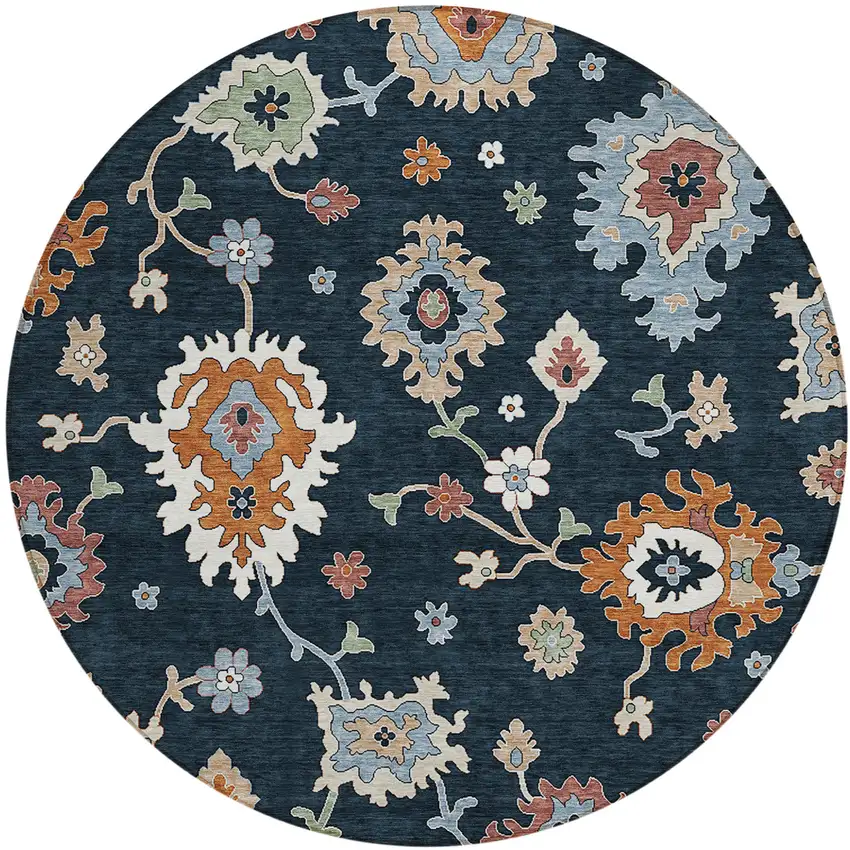 8' Black Blue And Ivory Round Floral Washable Indoor Outdoor Area Rug Photo 2
