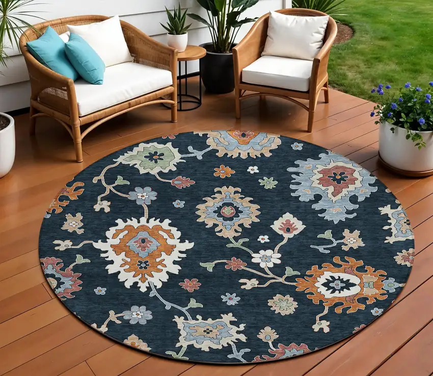 8' Black Blue And Ivory Round Floral Washable Indoor Outdoor Area Rug Photo 1