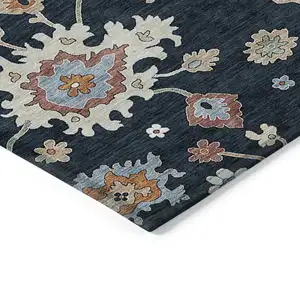 Photo of 8' Black Blue And Ivory Round Floral Washable Indoor Outdoor Area Rug