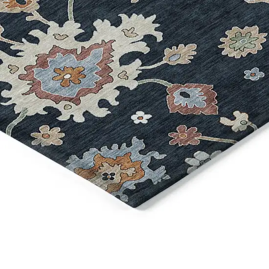 8' Black Blue And Ivory Round Floral Washable Indoor Outdoor Area Rug Photo 2