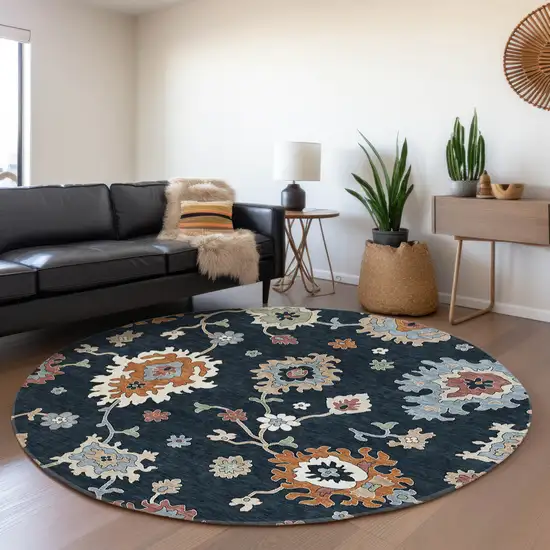 8' Black Blue And Ivory Round Floral Washable Indoor Outdoor Area Rug Photo 8