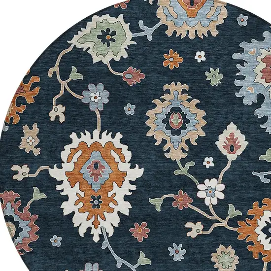 8' Black Blue And Ivory Round Floral Washable Indoor Outdoor Area Rug Photo 5