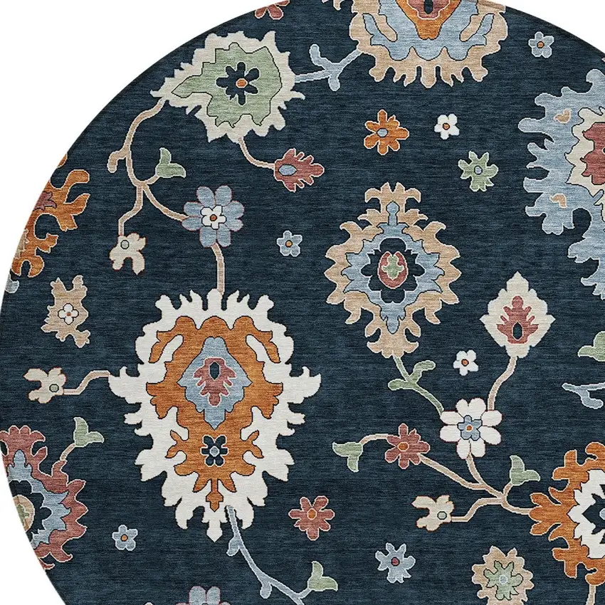 8' Black Blue And Ivory Round Floral Washable Indoor Outdoor Area Rug Photo 5